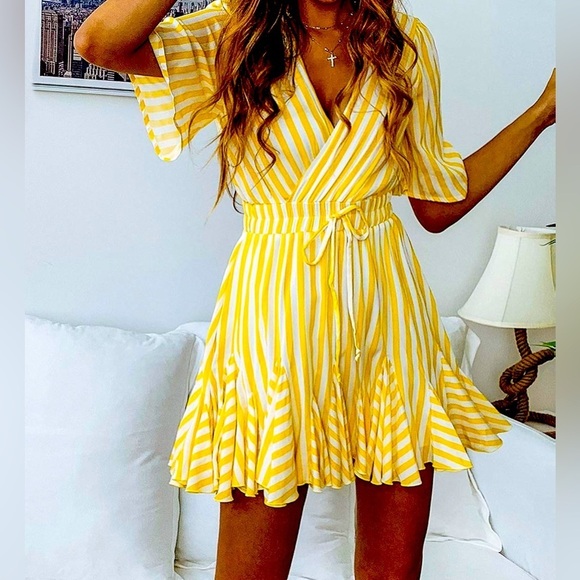 MINI DRESS: Yellow & White V Neck Striped Mini Dress w/Wrap & Ruffle Hem, NWOT - Picture 3 of 16